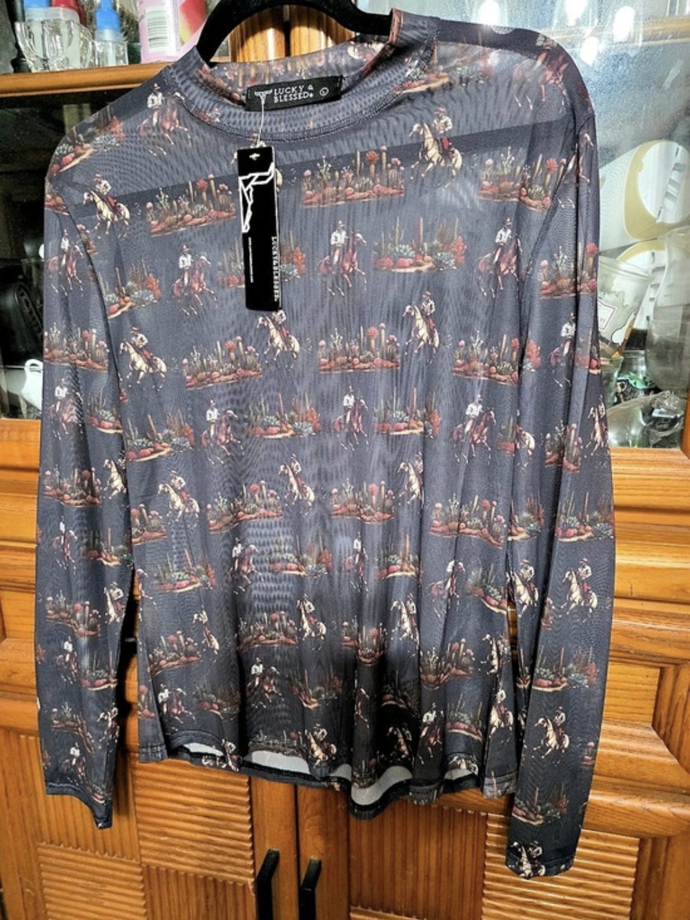 New With tags Lucky & Blessed Western Printed Long Sleeve Mesh Top